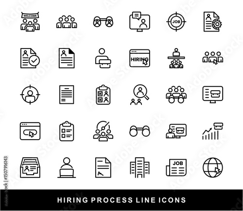 Hiring Process Line Icons. Recruitment, Job Application, Interview, Candidate Selection Vector Set