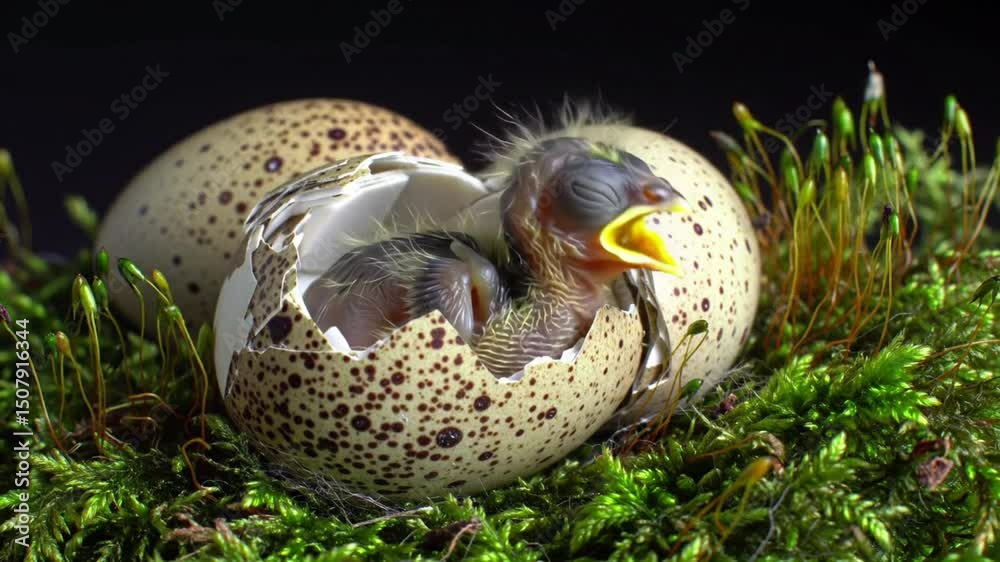 A newborn bird emerging from its speckled eggshell in a lush environment.