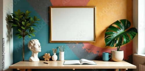 Stylish eclectic room, abstract walls, gold frame, head sculpture, plant, office supplies , interior, accessories, wiped walls