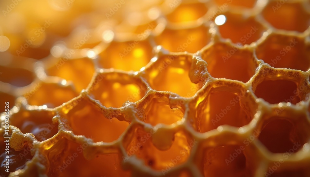 Close-up view showcases the intricate, golden texture and geometric patterns of fresh honeycomb. Close-up view showcases the intricate, golden texture and geometric patterns of fresh honeycomb.
