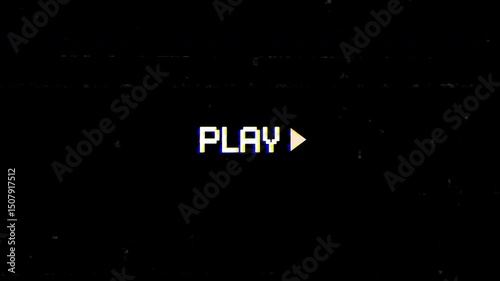 Play text on retro screen glitch on black background. 4K Video