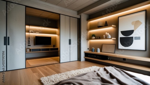 Modern living room interior with built in shelves and minimalist design elements