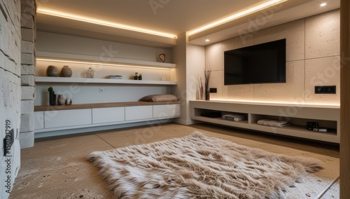 Contemporary Living Room with Built-in Shelving and TV Feature Wall Design