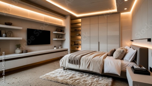Contemporary bedroom featuring neutral tones and sophisticated lighting design