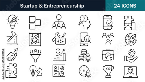 Startup Icons, Entrepreneurship Icon Set, Line Art Business Graphics – A Complete Visual Story for Pitch Decks, MVP, Funding, and Startup Growth Stages