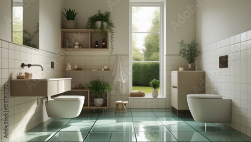 A bright and airy modern bathroom interior design with natural light streaming through the window