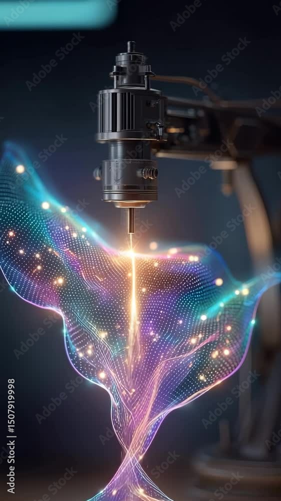 Generative fashion interface, robotic arm stitching experimental material designed, AI-generated fashion concept for future wearables, AI-generated fashion innovation runway ready