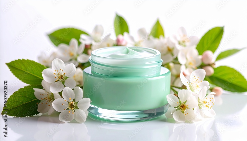 Mint Green Face Cream Jar with Floral Decor on White Background Mint Green Face Cream Jar with Floral Decor on White Background