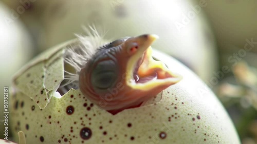A newly hatched chick emerging from its speckled egg.