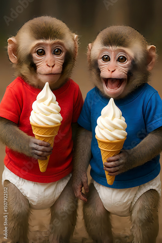 Baby Monkeys in Diapers Enjoying Ice Cream Together – Cute Animal Summer Photo