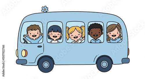 Back to school. Schoolkids in school bus, flat cartoon illustration.