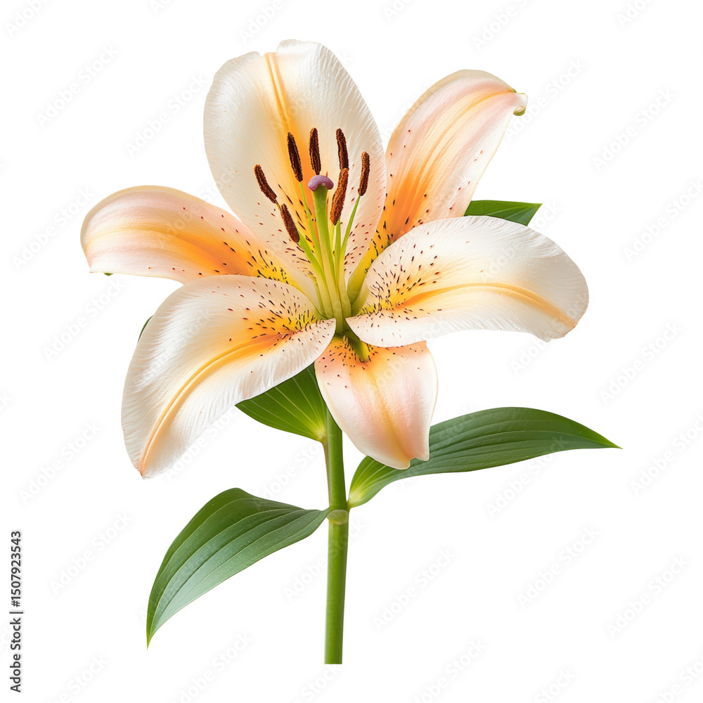 Fototapeta premium Elegant Lily Flower with Soft Peach and White Petals on Clear Background