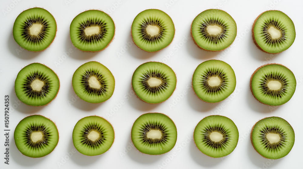 Fototapeta premium Top view of neatly arranged sliced kiwi halves on a white background, showcasing vibrant green color and pattern symmetry. 