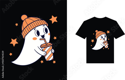 "Adorable Cartoon Ghost in Beanie with Drink – Halloween Shirt Art"