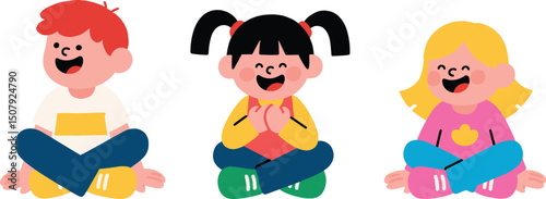 Happy diverse children sitting cross-legged smiling, cartoon kids illustration, colorful flat design, cheerful preschoolers,playful kids vector art