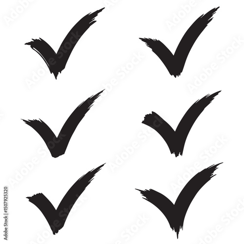 Set of hand drawn black check marks silhouette isolated on white background