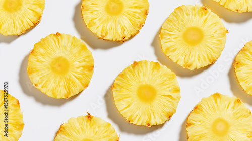 Top view of neatly arranged pineapple slices with the cores removed, placed on a white background showcasing their fresh and vibrant yellow color.
 photo
