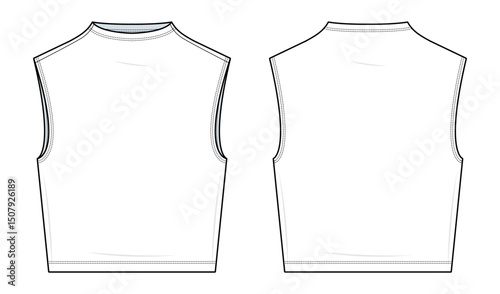 Muscle Tank Technical Fashion Illustration. Sleek Crew Neck Fitted Tee Vector Template. Front and Back Views. Minimalist Casual Essential. CAD Mockup. Unisex. CAD Mockup set.