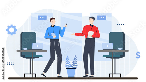Office colleagues in discussion, brainstorming ideas together. Suitable for business communications, teamwork concepts, corporate meetings, and workplace collaboration illustrations.