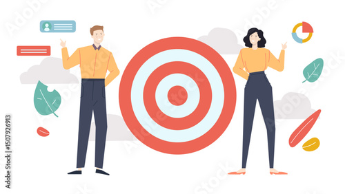 Two people pointing at a target, ideal for business success concepts, teamwork, goal setting, leadership, marketing strategies, and presentations.