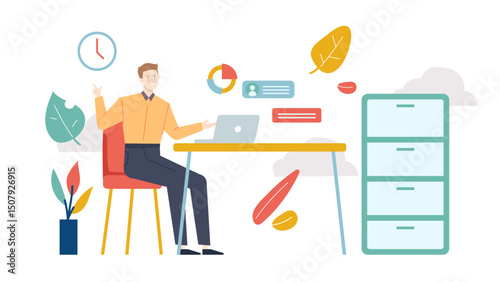 Man at desk with laptop, suitable for business presentations, technology articles, telecommuting concepts, remote work, home office themes.