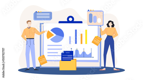 Two people discussing pie chart and graphs. Suitable for business presentations, data analysis reports, financial meetings, and statistical discussions.