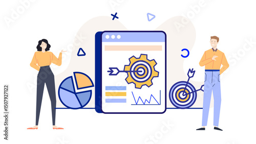 Two people analyzing chart with gears and targets, useful for business concepts, teamwork, strategy, planning, goal setting presentations.