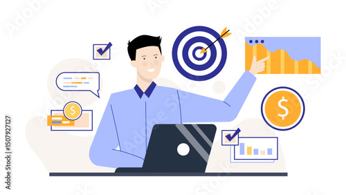 Man working with laptop, surrounded by business icons. Suitable for corporate presentations, business websites, and technology related projects.
