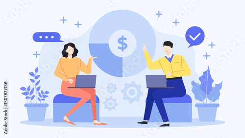 Two people discussing financial matters while working on laptops. Suitable for business presentations, financial reports, or teamwork concept designs.