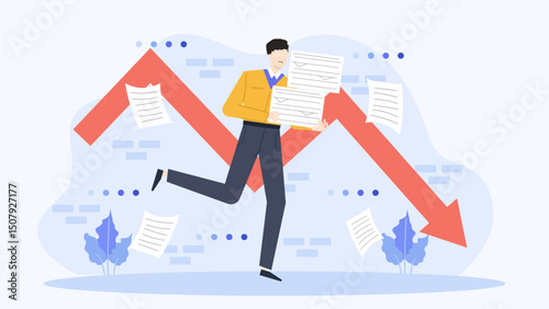 Man fleeing from red arrow and paperwork, concept of stress and overwhelm, suitable for business or work-related designs and articles.