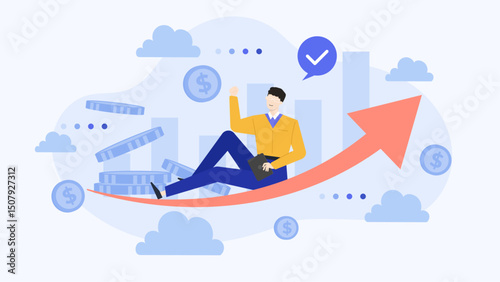Man riding arrow with coins and clouds, ideal for financial growth and success concepts in presentations, websites, and marketing materials.