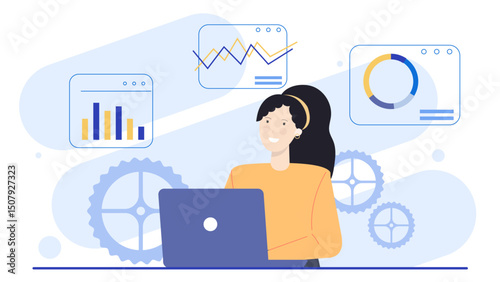 Woman using laptop with charts and graphs, great for technology, business, finance, data analysis presentations, websites, and social media.