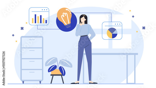 Woman thinking with light bulb and charts, suitable for business, innovation, brainstorming concepts in presentations, articles, social media posts.