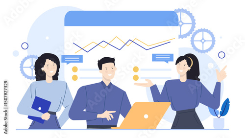 Three business professionals conducting a meeting discussing strategy, brainstorming ideas, and collaborating on a project. Suitable for business presentations or websites.