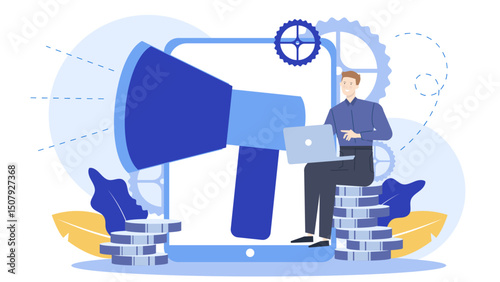 Man on coins with laptop and megaphone. Ideal for finance, technology, investment, cryptocurrency, business, marketing concepts, website header, social media post.