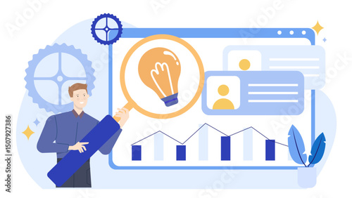 Man examines lightbulb closely with magnifying glass, symbolizing creativity and innovation. Perfect for technology and innovation concepts in design.