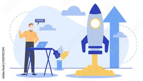 Man stands at table with a laptop as a rocket takes off. Business launch concept. Technology, innovation, entrepreneur, success, rocket.