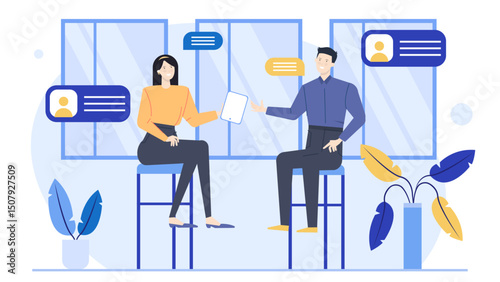Two people on stools talking, seated conversation, casual communication, friends or colleagues discussing, socializing, teamwork, collaboration, consultation, brainstorming.