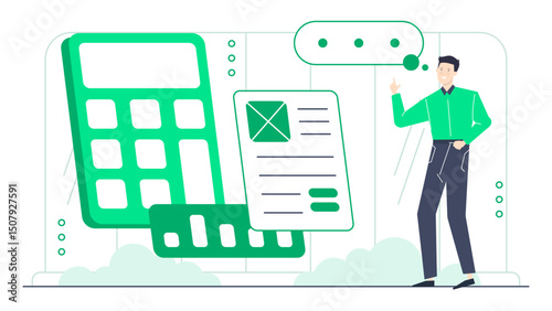Man pondering over calculations and form filling, suitable for financial planning, budgeting, taxes, and business concept illustrations.