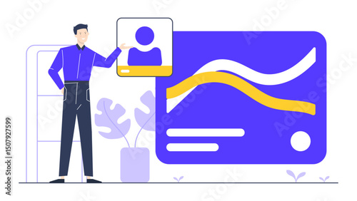 Man showing chart with blue profile pic, ideal for financial presentations, business reports, analytics articles, digital marketing concepts.