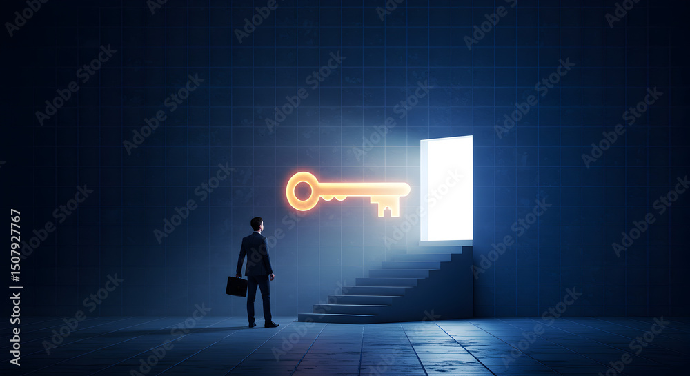 Obraz premium Man in Suit Facing Glowing Door with Digital Key Above on Steps in a Dark Room with Grid Wall Success Concept