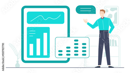 Man smiling next to blue graph and chart, suitable for business presentations, financial reports, success stories, and data analysis concepts.