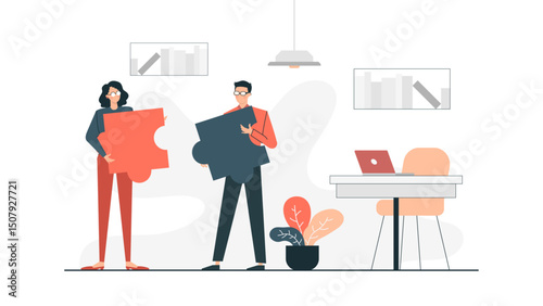 Two people collaboratively connecting puzzle pieces in an office setting; ideal for teamwork, problem solving, business teamwork concepts in design projects.