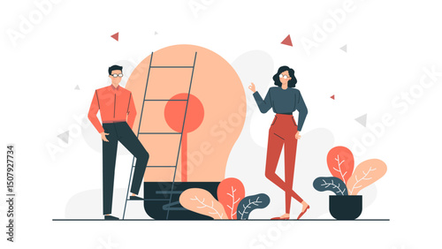 Man and woman near giant light bulb; creativity, innovation, teamwork visuals; business presentations, blog posts, social media graphics, inspirational content.