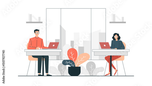 Two people working at separate desks with laptops, suitable for showcasing teamwork, collaboration, remote work, and modern workspaces.