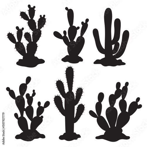 Black silhouette cactus collection set isolated on white background representing desert plants and botanical designs
