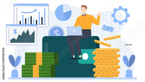 Man with wallet, laptop, and gold coins, pointing at wealth. Business, finance, wealth management, investment concepts. Education, blog, article.