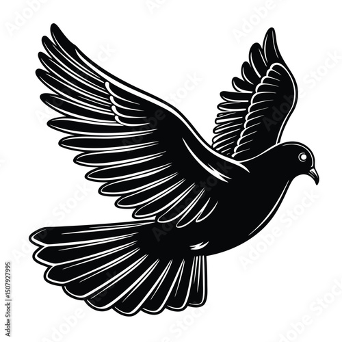 Black silhouette of a dove flying with an olive branch in its beak, symbolizing peace, hope, and harmony in a simple and powerful minimalist design.
