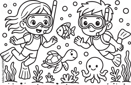 Fish contour. Children's illustration. Animals coloring page. Sea creatures drawing. Underwater world coloring book. 