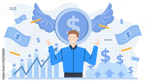 Happy man celebrating financial success, suitable for marketing campaigns, financial industry websites, and business success blogs. Joyful accomplishment.